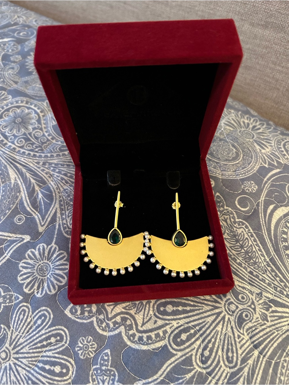 Gold and Emerald Drop Fan Earrings - Women Jewelry